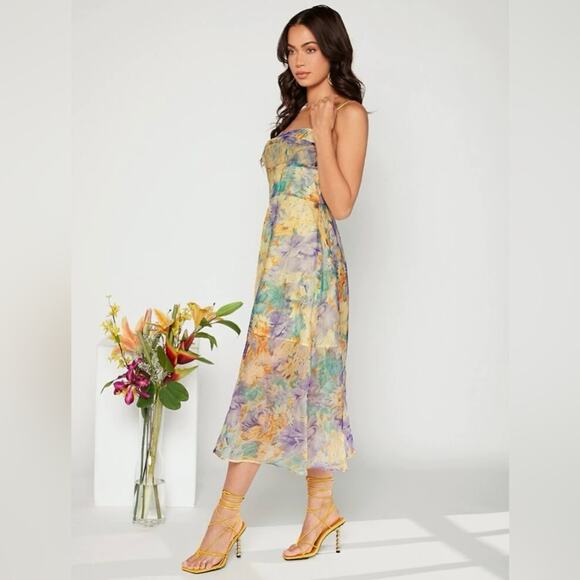 SHEIN NWT Size 6 (Medium) Floral Print Water Color Sheer Overlay Cami Midi Dress - Picture 2 of 6